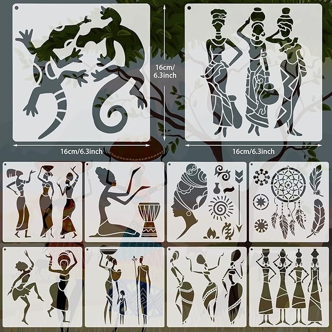16 Pieces African Tribal Stencils Congo Mask Stencil Tribal Faces Stencil African Stencil Template Art and Craft Wall Painting Stencil and Metal Open Ring for Painting on Wood Wall Decor