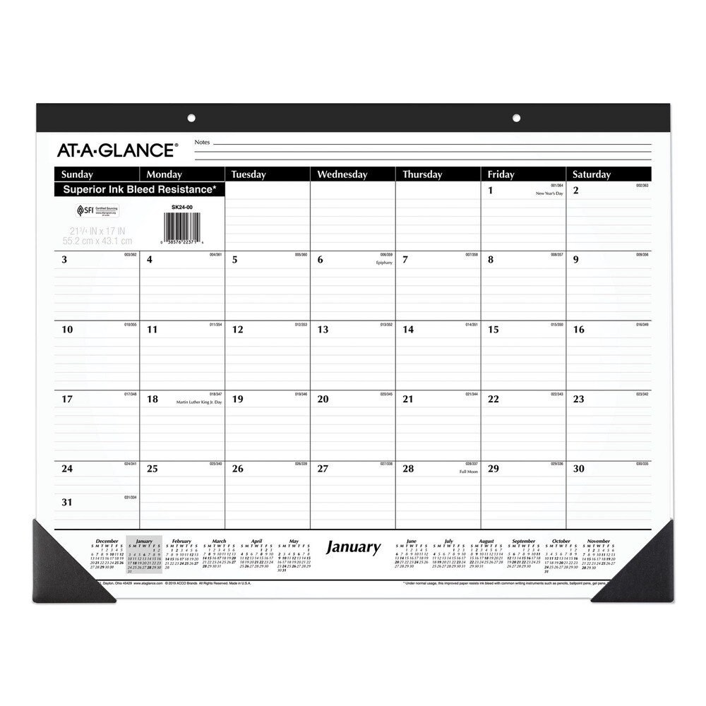 AT-A-GLANCE 12 Month: Jan 2026 to Dec 2026 22 in. x 17 in. Ruled Desk Pad - White Sheets, Black Binding/Black Corners
