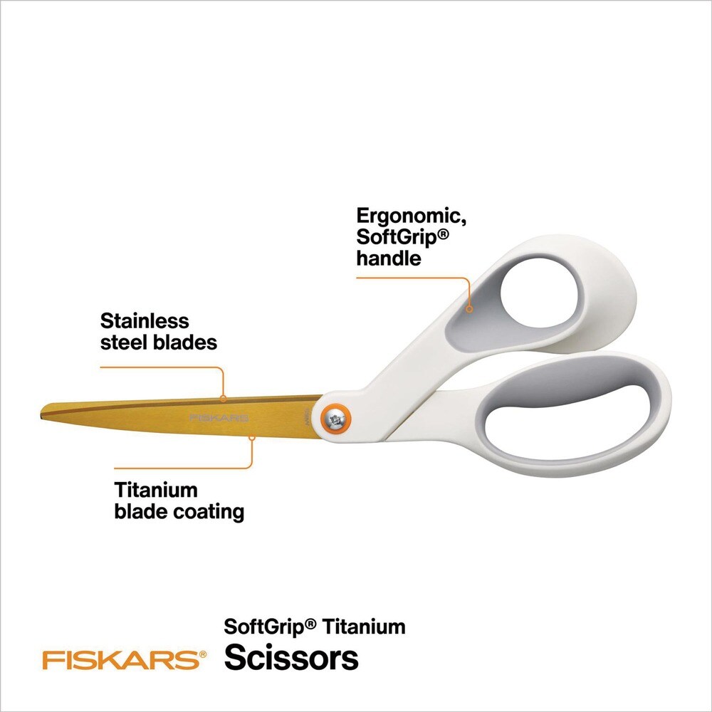 Fiskars 8 in. Long 4 in. Cut Length Offset SoftGrip Titanium Scissors - White Handle