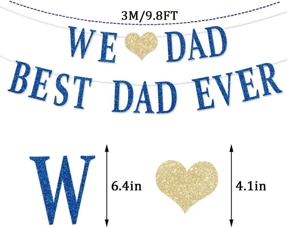 Happy Father’s Day Glitter Banner Decorations – Blue “We Love Dad” & “Best Dad Ever” Cardstock Garland Banner with Gold Heart, Party Supplies for Home Celebration & Photo Background (3m / 9.8ft)