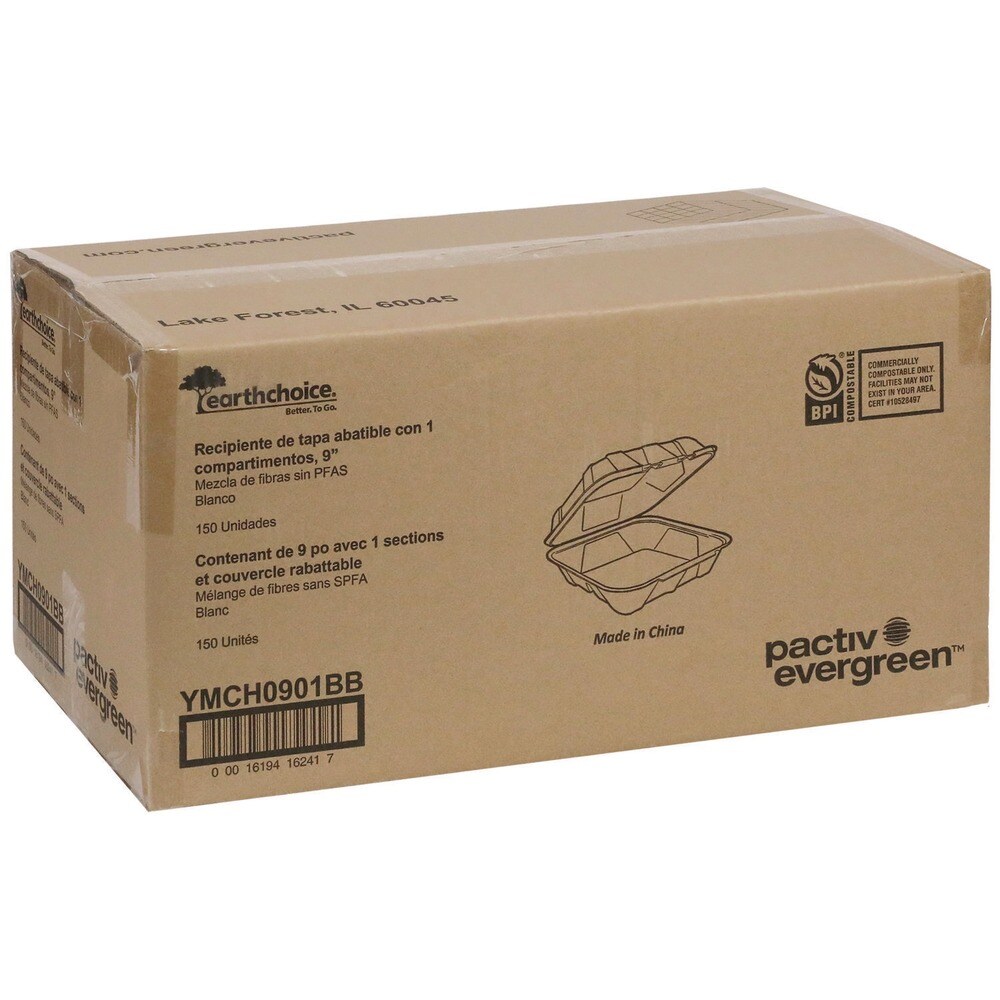Pactiv Corp. 9 in. x 9 in. x 3 in. Sugarcane EarthChoice PFAS Free Compostable Hinged Lid Container - White (150/Carton)