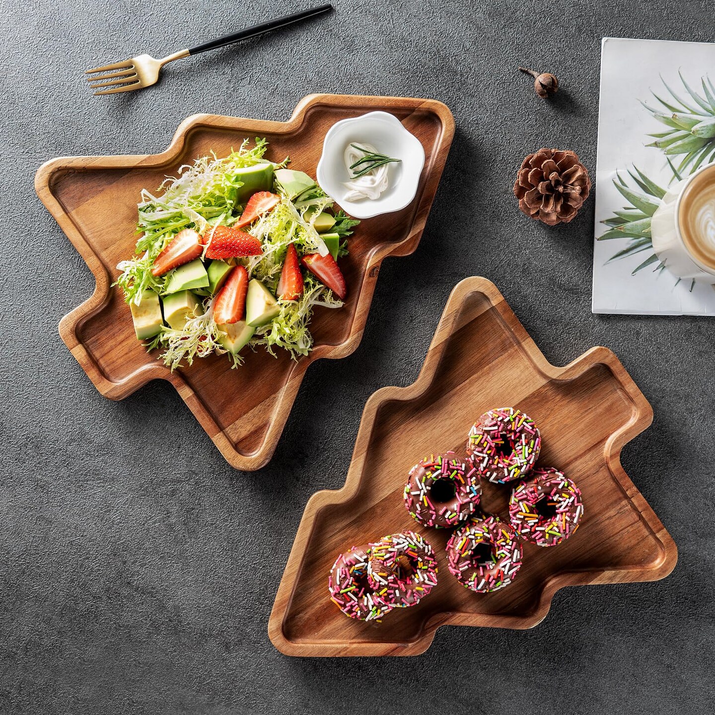 Wooden Serving Tray - Decorative Serving Platters and Trays Set of 2 Christmas Tree Shape Wood Platters for Entertaining, Breakfast, Coffee Table, Home Decor