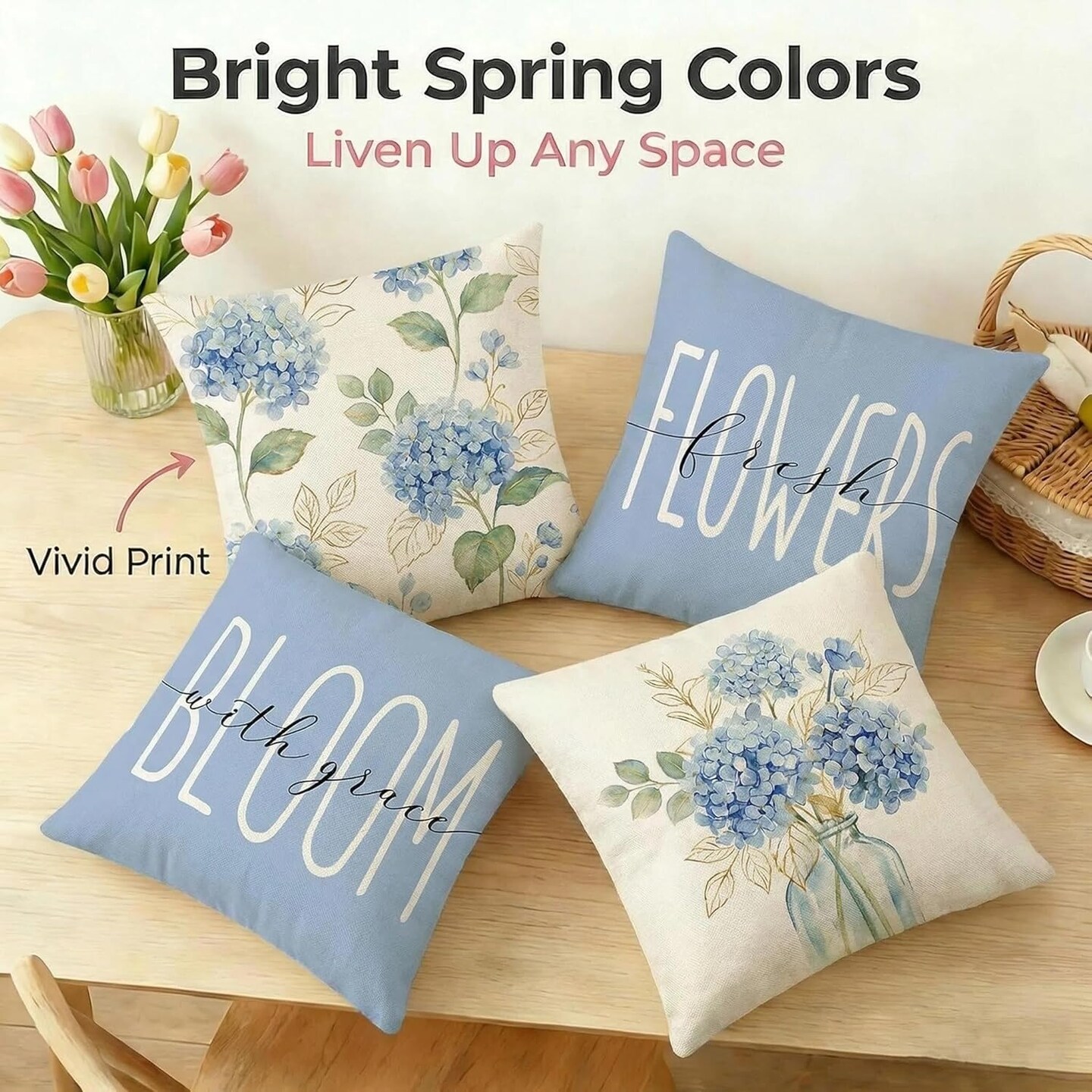 Set of 4 Blue Hydrangea Throw Pillow Covers – 18x18 inch Farmhouse Floral Cushion Cases for Couch, Sofa, Bedroom, Spring & Summer Décor
