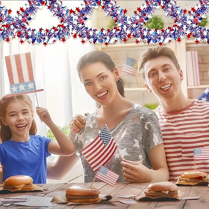 65 Feet 4th of July Garland Memorial Day USA Patriotic Red White Blue Independence Day Tinsel Metallic Tree Car Golf Cart Parade Float Decor Trailer Bike Outdoor Summer Glitter Star Garlands