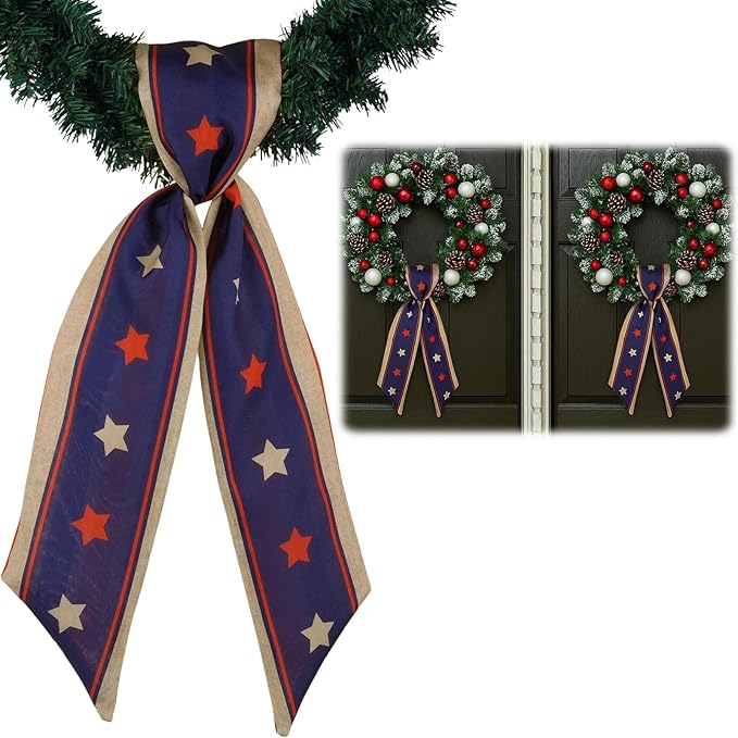 2PCS Patriotic Wreath Sash for Front Door, 5" W × 56" L Multi‑Layer Red White Blue Stars and Stripes Rose Bow Ribbon for 4th of July & Memorial Day Home Decorations