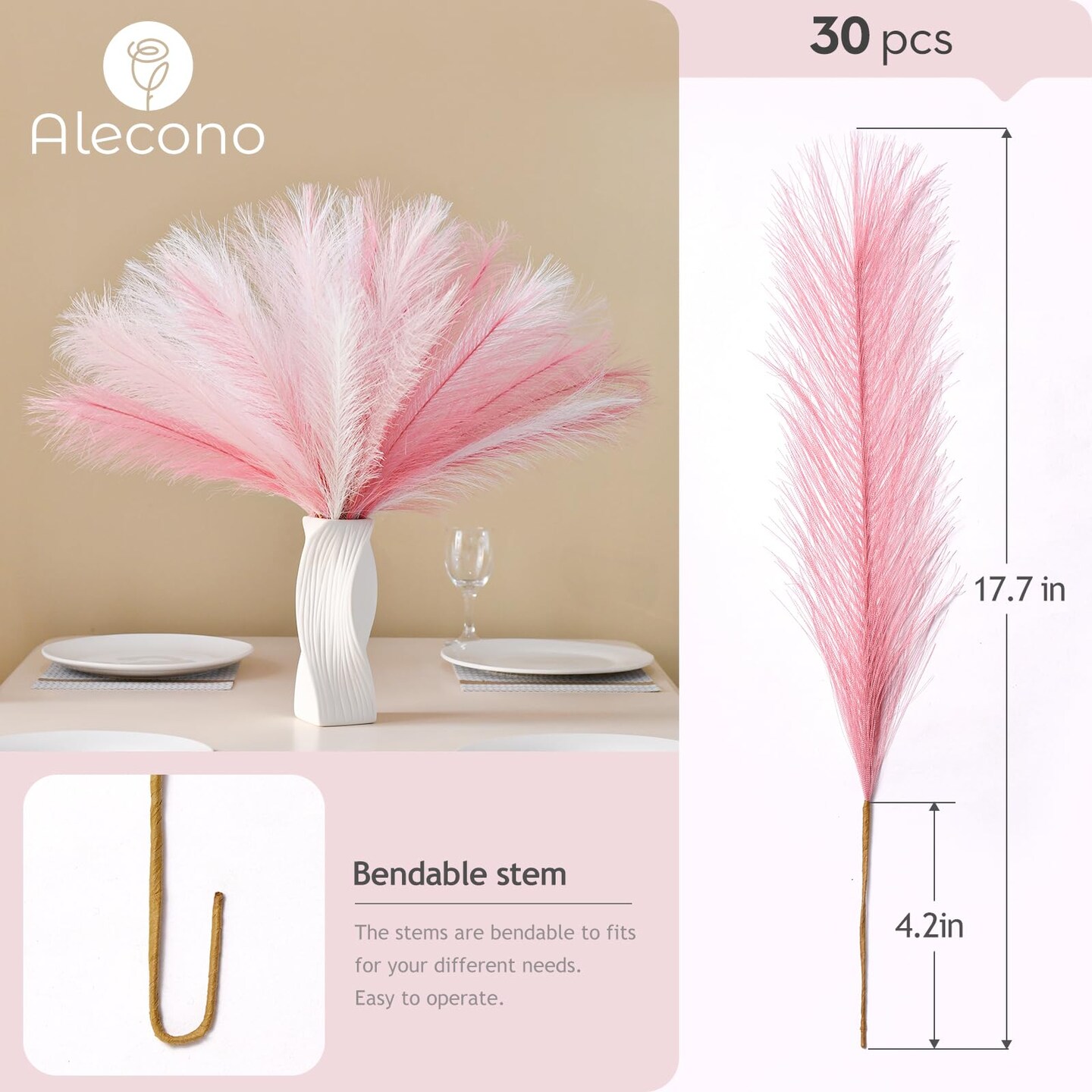 𝟯𝟬𝙋𝙘𝙨 Pampas Grass 17in, Pink Pampas Grass Decor for Home Decoration, Faux Pampas Grass Wall Decor for Wedding Centerpieces Party Decorations(Blush, Cream, Pink)
