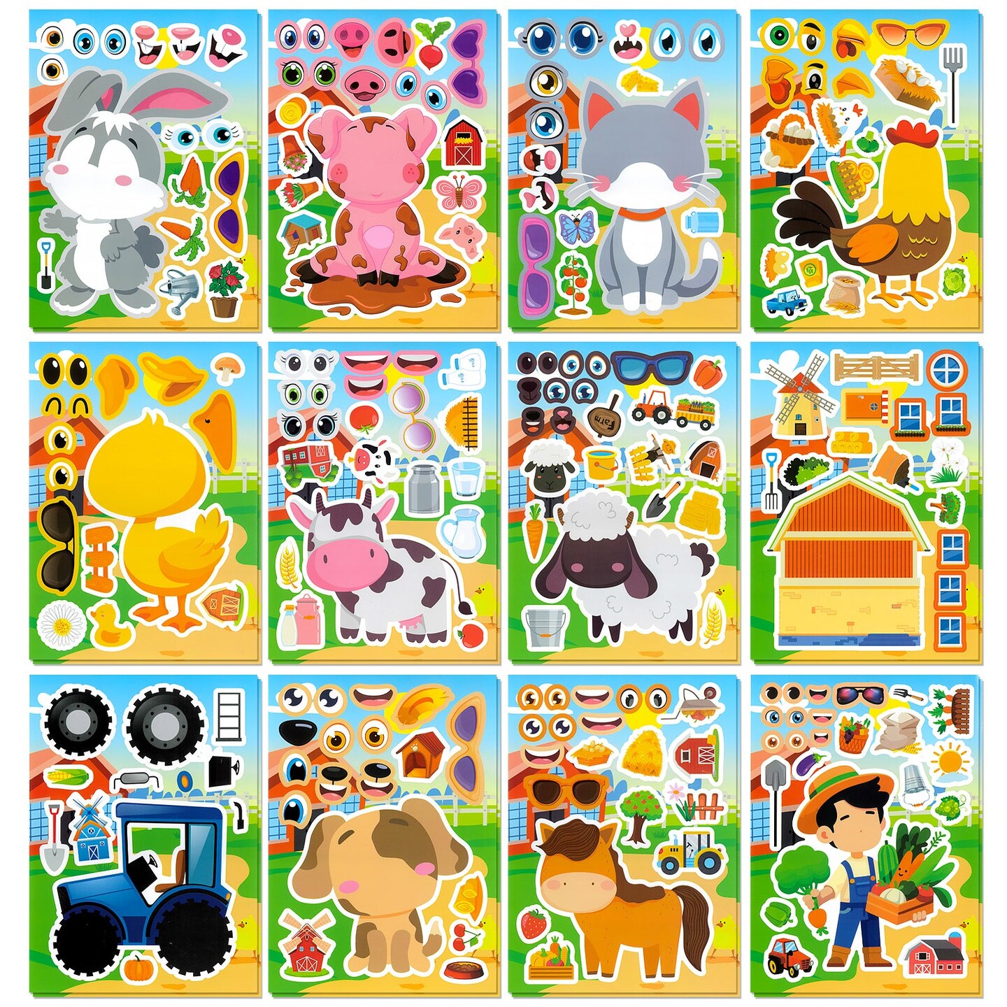 Wrapables Make a Face Stickers, Make Your Own Animal, Food, Dress-Up Stickers, DIY Craft Activities, Party Favors (24 Sheets), At the Farm