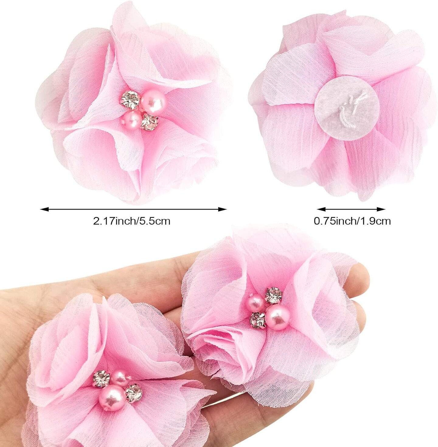 30 PCS Rhinestone Pearl Pink Chiffon Flower Sewing Fabric Appliques