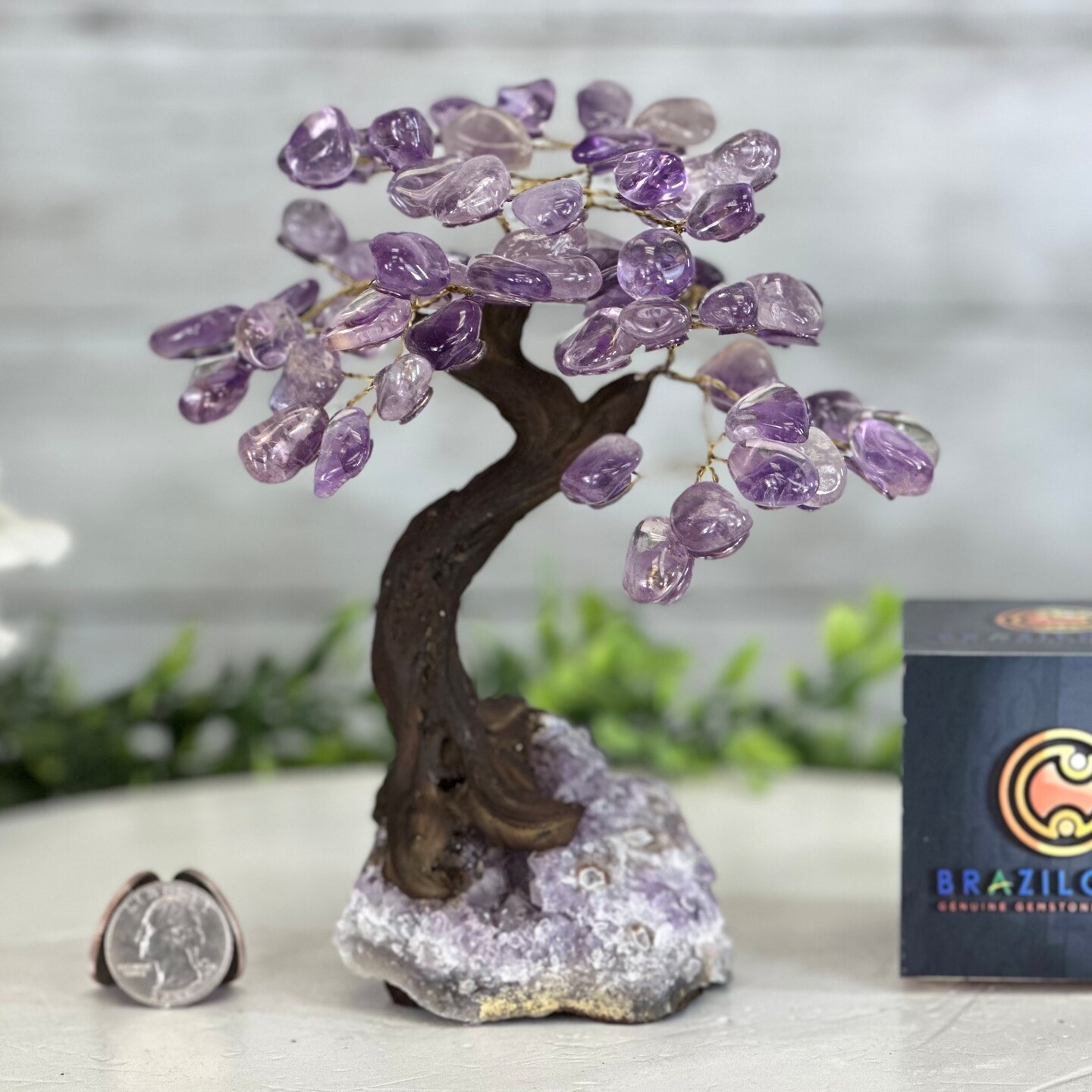 Amethyst 7 inches Tall Handmade Gemstone Tree on a Crystal base, 60 Gems 5402AMTH by Brazil Gems®