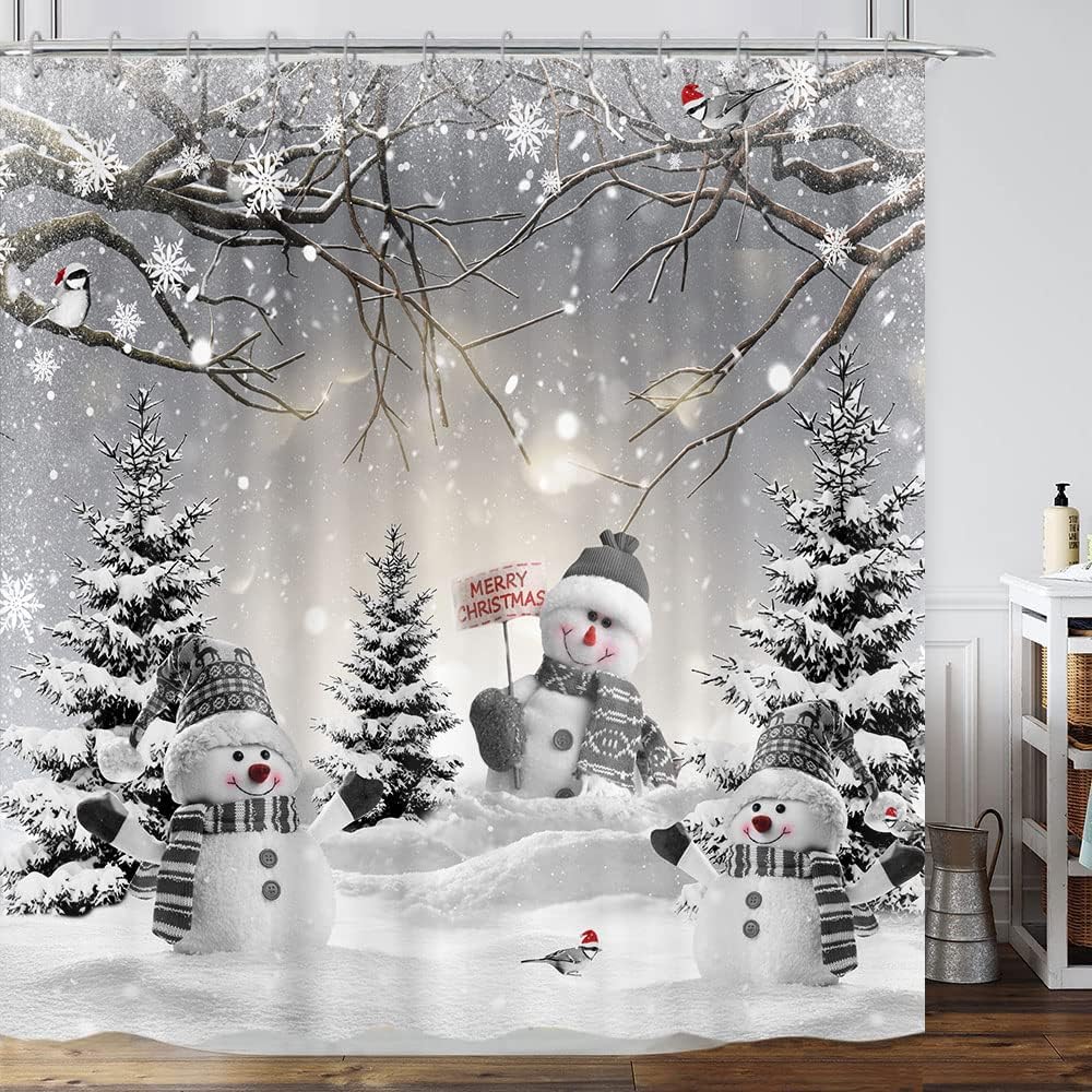 Farmhouse Winter Christmas Shower Curtain, Cute Snowman Snow Forest Pine Tree Scene Shower Curtain for Bathroom Rustic Xmas Snowflake Holiday Gray Bathroom Accessories Polyester 72&#x22;X72&#x22; with Hooks