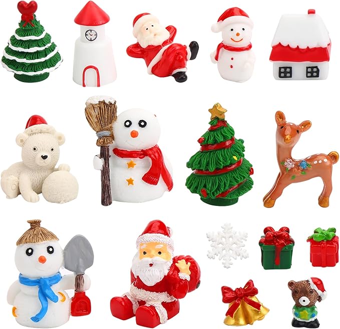 30 Pcs Mini Crafts Resin Santa Claus Snowman Elk Ornaments Kit for DIY Christmas Fairy Garden and Snow Globes