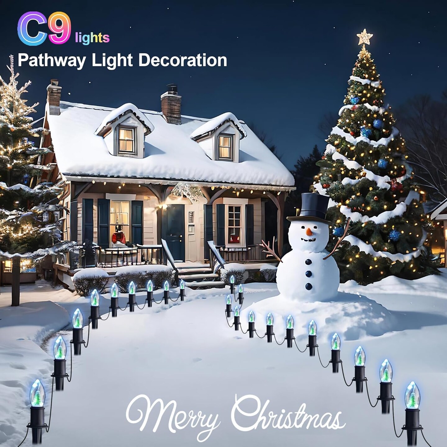 Christmas Pathway Lights Outdoor - 24.2Ft 20 C9 LED Christmas Lights with Marker Stakes, Christmas Tree Color Changing String Lights for Walkway Yard Decorations Waterproof Plug in Multicolor