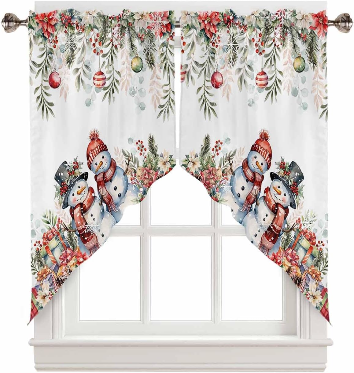 Christmas Red Eucalyptus Leaves Curtain Valance for Window, Farmhouse Swag Curtains, Cute Snowman Valance for Kitchen Bathroom Bedroom, Rod Pocket Window Valance Curtains Over Sink 28" W x 36" L