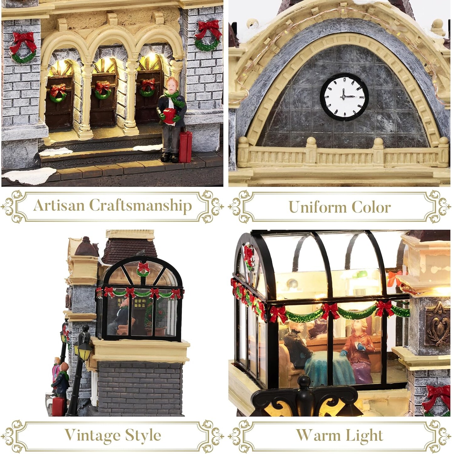 Christmas Village Decorations, 2 Levels Union Station with Lights, Battery Operated Xmas Figurine Musical House Snow Scenes for Holiday Indoor Home Gift Decorations, 12.8 Inch