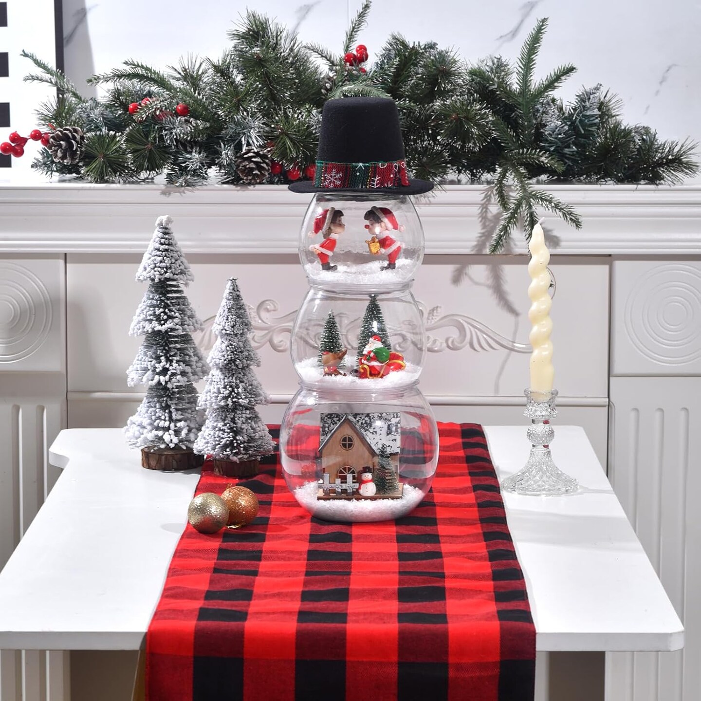 Christmas Decorations Indoor, DIY Fish Bowl Snowman Crafts, Christmas Centerpiece Table Decor, Snowman Xmas Decor, Festive Table Top Decor with Fake Snow & Figurine for Home Mantel Shelf (Black)