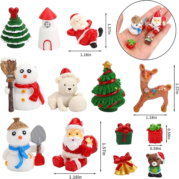 30 Pcs Mini Crafts Resin Santa Claus Snowman Elk Ornaments Kit for DIY Christmas Fairy Garden and Snow Globes