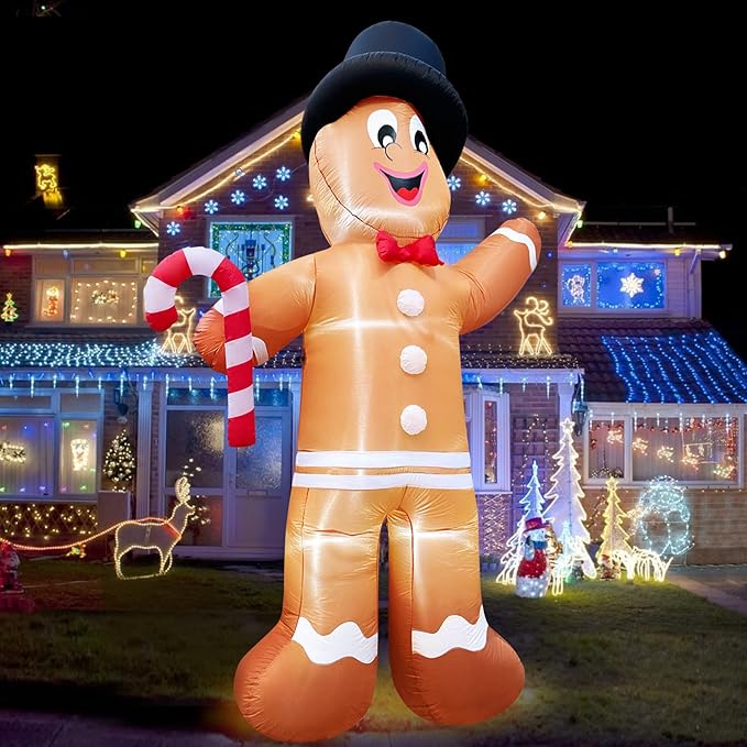 Inflatable Gingerbread Man, Outdoor Christmas Decoration with Candy Cane LED Lights Stakes Tethers Christmas Blow Up Yard Decor Home Outside Lawn Garden Holiday Party