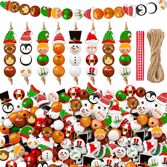 240 Pcs Christmas Wood Beads with Twine Santa Gingerbread Man Elf Penguin Snowman Wooden Beads Garland Christmas DIY Crafts Round Beads for Xmas Winter Party Farmhouse Home Decor