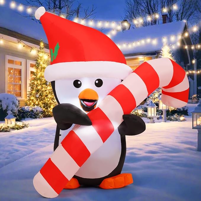Outdoor Decorations Blow Up Yard Penguins Holding Candy Cane with Built-in LEDs for Xmas Holiday Party Indoor Garden Lawn Decor