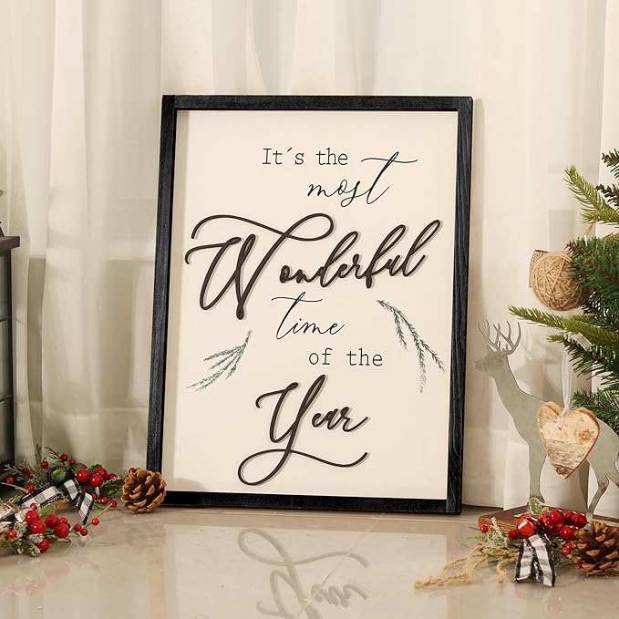 Framed It&#x27;s The Most Wonderful Time of The Year Wall Decor Farmhouse Christmas Wall Art 3D XMAS Holiday Decor 12x16 Inch Black