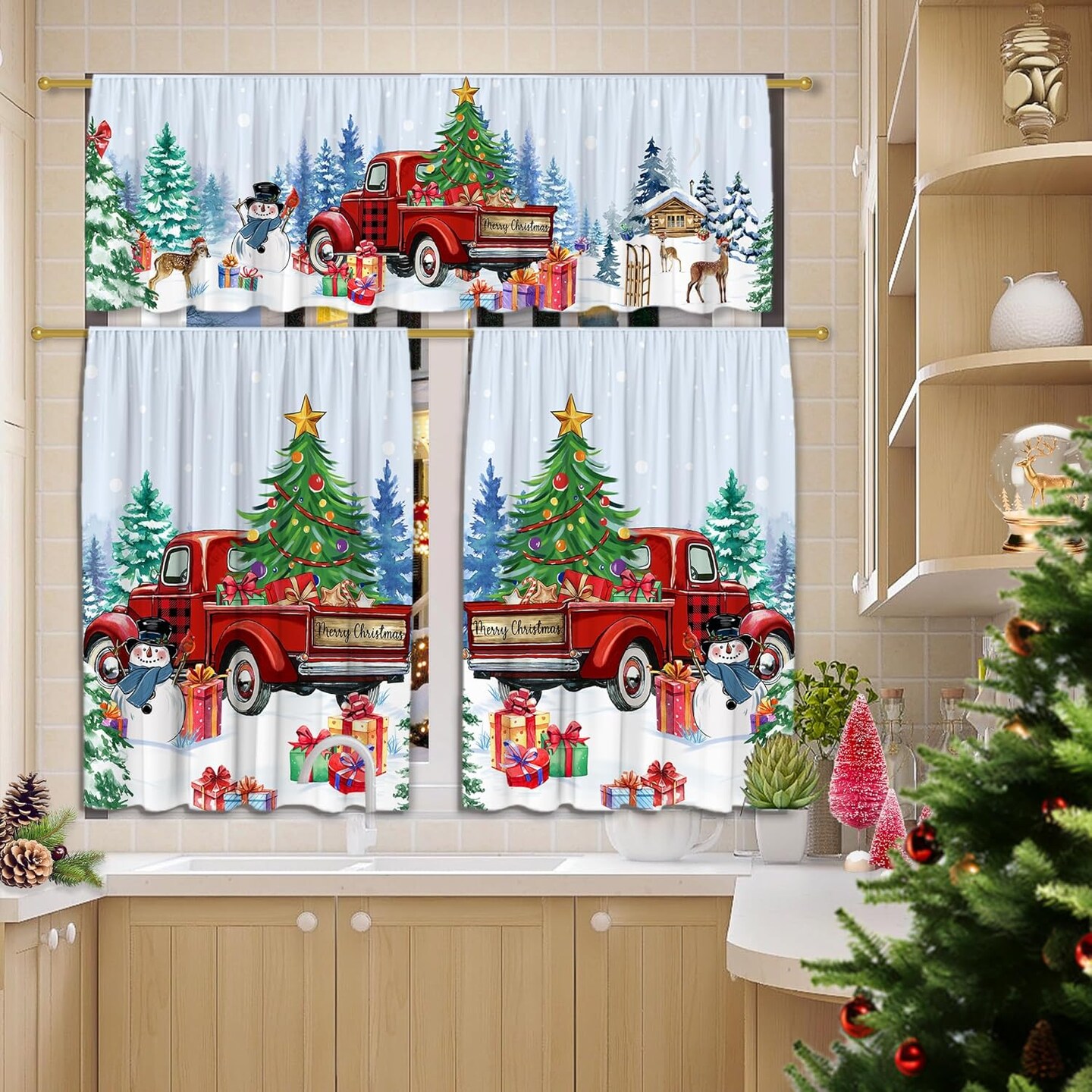 Christmas Kitchen Curtains, Christmas Decorations Valances for Windows, Curtains and Valances Set Christmas Decor Truck Snowmen for Cafe Living Room, Xmas Winter 27&#x27;&#x27;x36&#x27;&#x27; 2 Panel &#x26; 54&#x27;&#x27;x18&#x27;&#x27; Tier Set