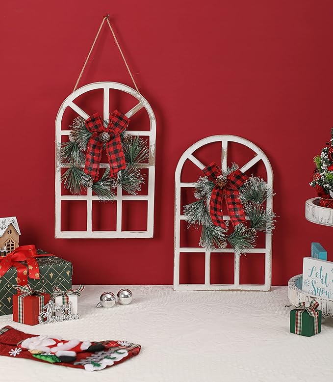 Wood Christmas Holiday Wall Hanging Indoor Outdoor Decorations Rustic Christmas Window Plaque Signs Wooden Arch with Wreath Christmas Home Party (Red-Black)