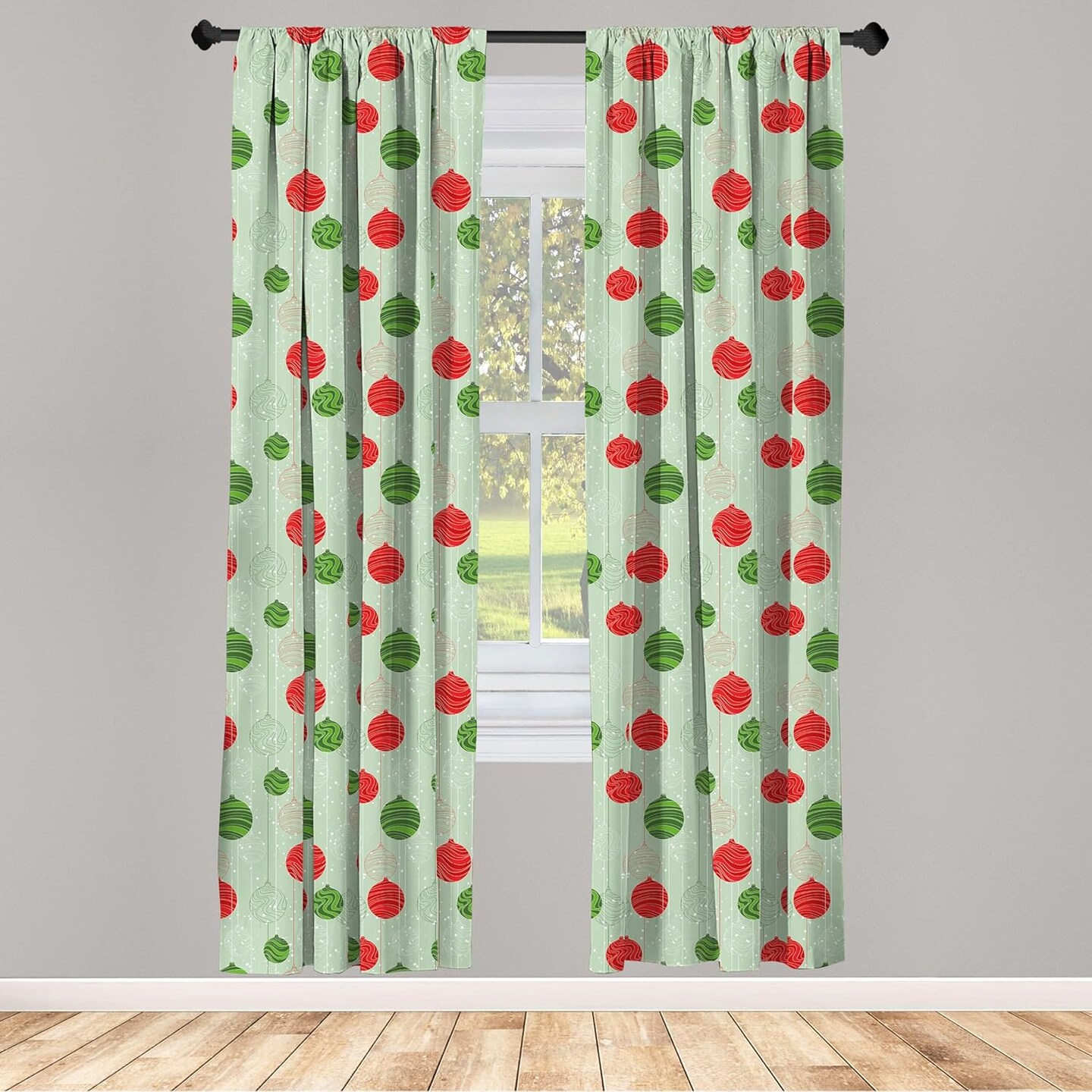 Christmas Curtains, Wavy Striped Baubles on Strings Snowy Winter Retro Design Xmas Print, Window Treatments 2 Panel Set for Living Room Bedroom, Pair of - 28&#x22; x 84&#x22;, Green and Red