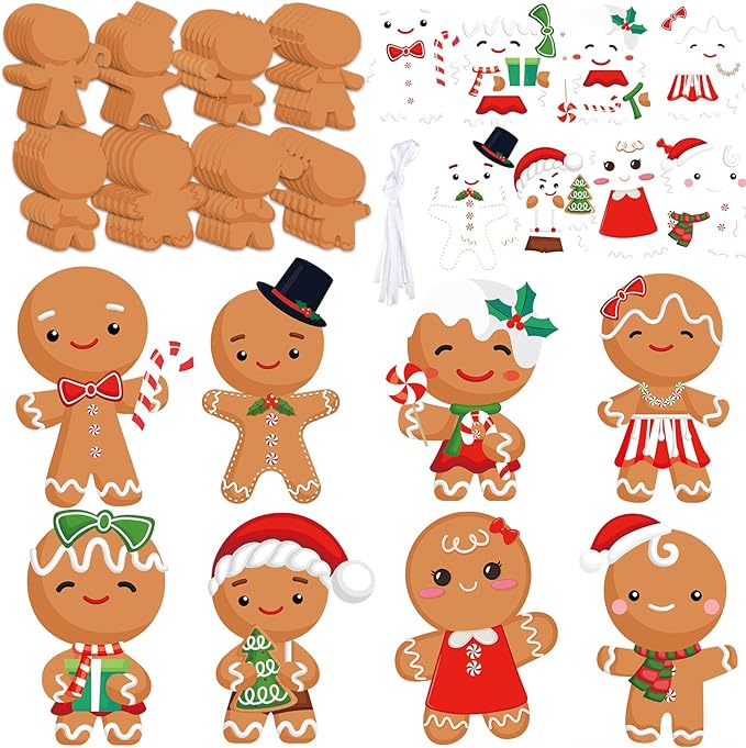 Bulk Christmas Arts and Crafts DIY Christmas Tree Ornament Kit Make Your Own Xmas Tree Ornaments Self Adhesive Sticker Sheets for Xmas Tree(Gingerbread Man)