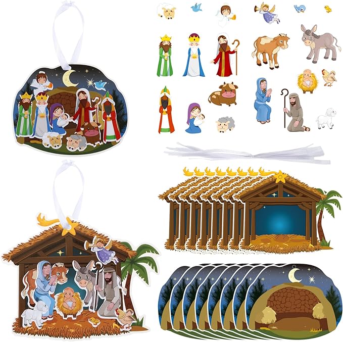 Make a Nativity Scene Sticker Ornament Christmas Tree Hanging Decorations Christian Craft Kits for Holy Night Religious Party Jesus (16 Sets)