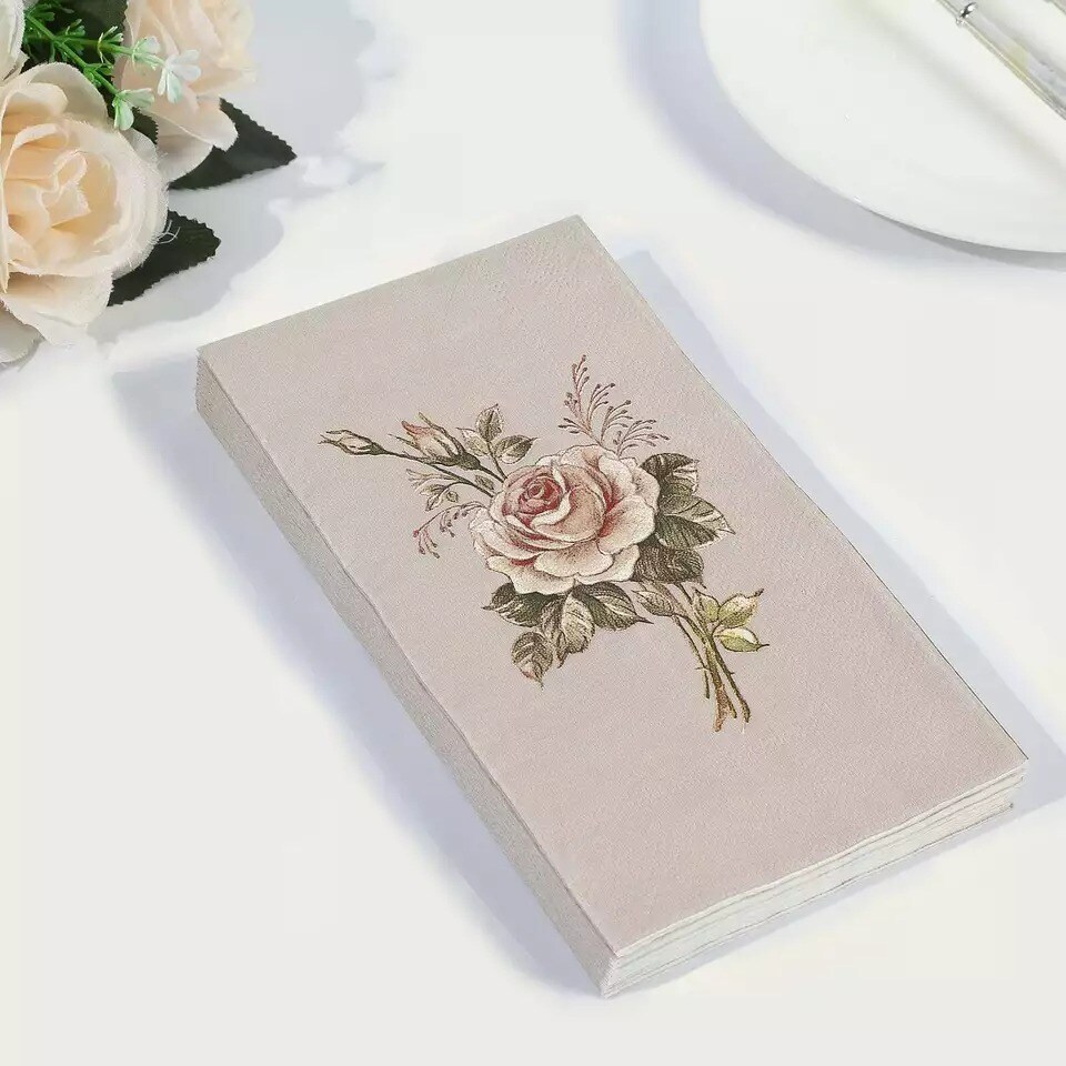 20 Pink and Ivory Paper Disposable Dinner Napkins with Rose Print Party