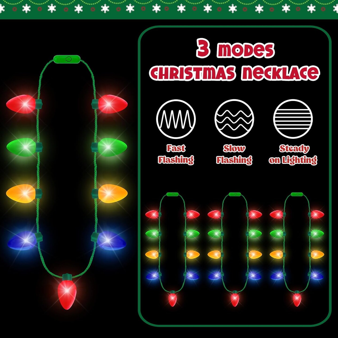 Christmas Party Favors, 2PCS Light Up Christmas Necklace, 3 Modes Christmas Necklace, LED Christmas Accessories for Kids Red Yellow Blue Green Bulbs Glow Necklaces New Year Ugly Sweater Party
