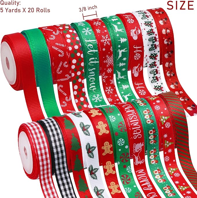 20 Rolls 100 Yards Christmas Ribbon for Gift Wrapping,3/8 Inch Christmas Grosgrain Ribbon,Christmas Ribbon for Crafts DIY Holiday Christmas Decorations