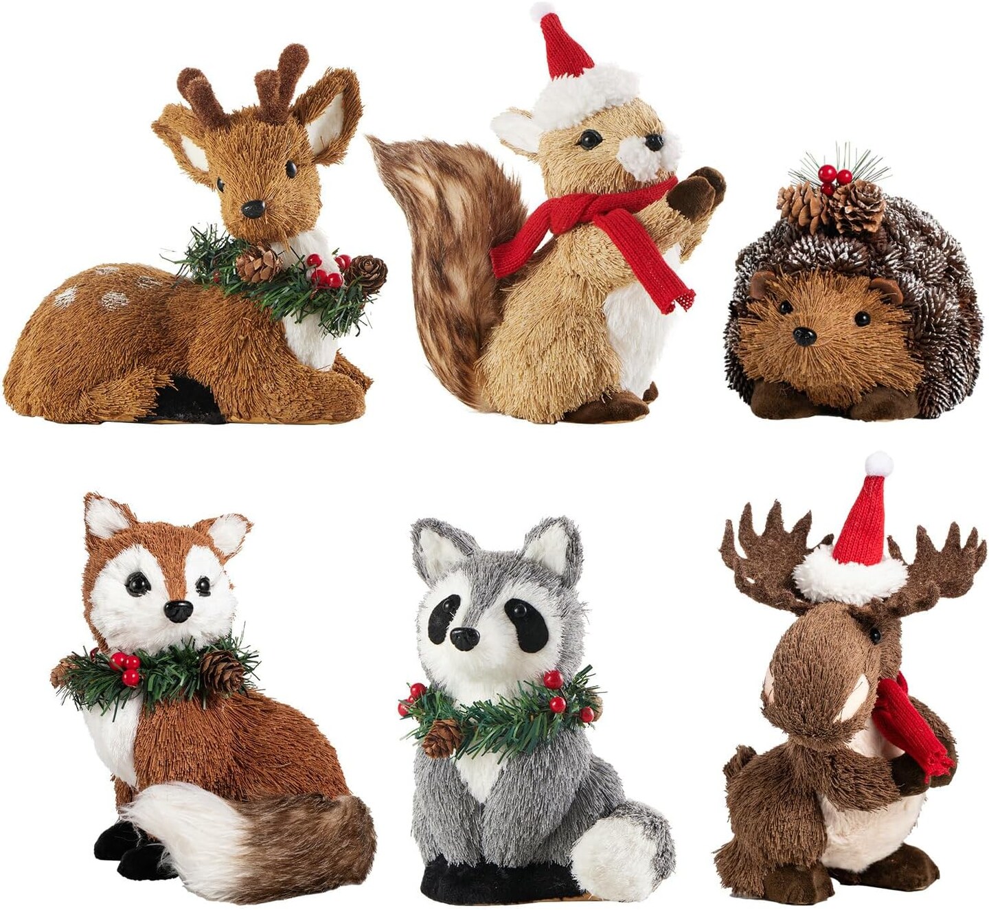 Set of 6 Sisal Woodland Animals for Rustic Christmas Decorations, Animal Figurines with Holiday Accent as Christmas Table Decor or Farmhouse Decor