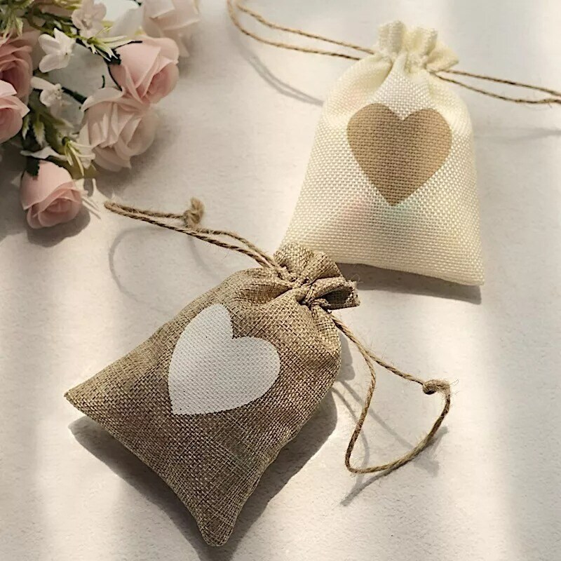 20 Natural Ivory Heart Design Faux Burlap Wedding Favor Bags Gift Holders Party