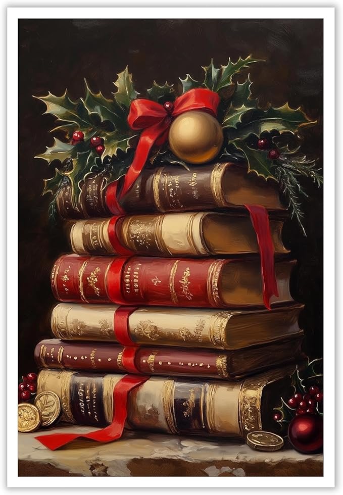 Rustic Christmas Wall Art Book Art Still Life Poster Vintage Christmas Decor Winter Posters Xmas Canvas Prints Painting Dark Academia Decor Holiday Home Dorm Living Room Decoration 8x12inch Unframed