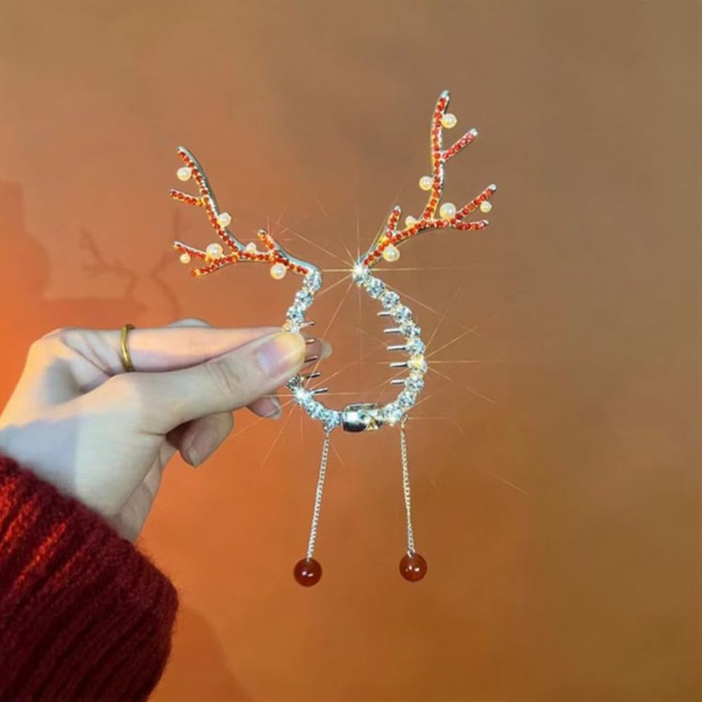 2Pcs Christmas Reindeer Ponytail Bun Holder, Metal Banana Clips Hair Strong Hold Decorative Hair Claw Clips for High Ponytail, Xmas Hair Jaw Clips Barrettes Styling Accessories for Women Girls