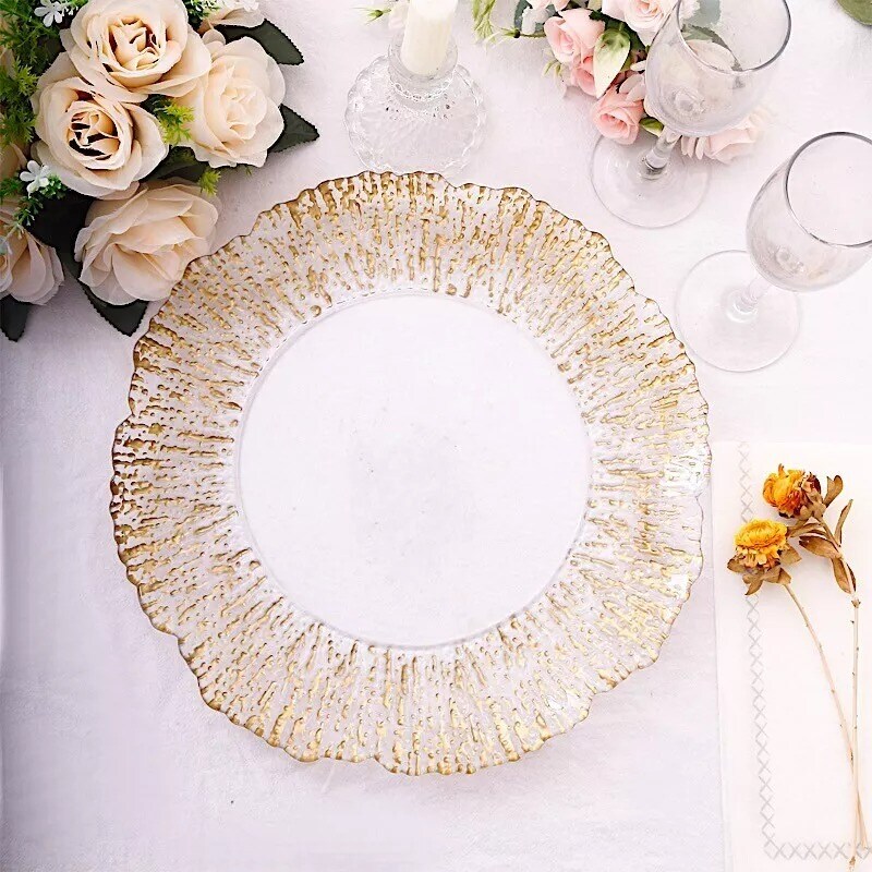 Clear Gold 6 Round 12" Plastic Charger Plates Reef Rim Design Party Decorations