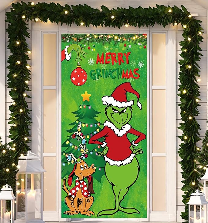 Grinchmas Christmas Decorations Christmas Decor MERRY GRINCHMAS Door Cover Xmas Porch Door Sign Welcome Banner for Indoor Outdoor Wall Home