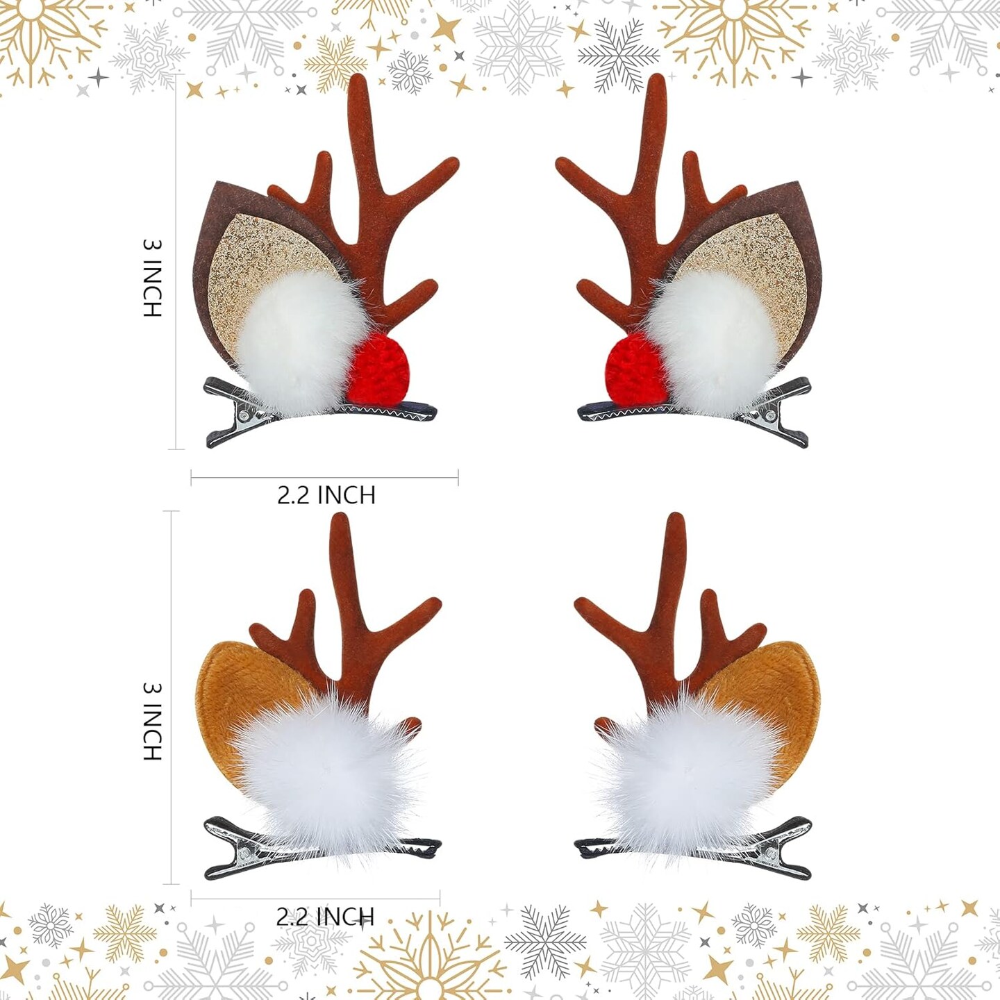 Christmas Hair Clip, 2 Pairs Cute Reindeer Antlers Ears Hair Accessory with Plush Ball, Christmas Hair Pins for Women Girls Kids and Party Favors