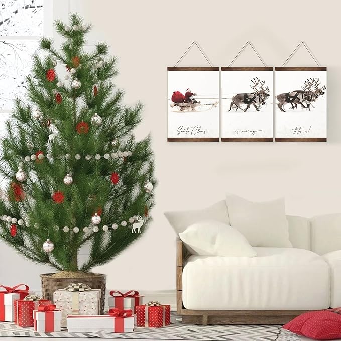 Cute Christmas Posters Wall Art Funny Christmas Classic Aesthetic Decor, Farmhouse Christmas Canvas Wall Art Prints Poster, Santa Claus Reindeer Posters for Room Bedroom Decor with Frame, 8&#x22;X11&#x22;X3Pcs