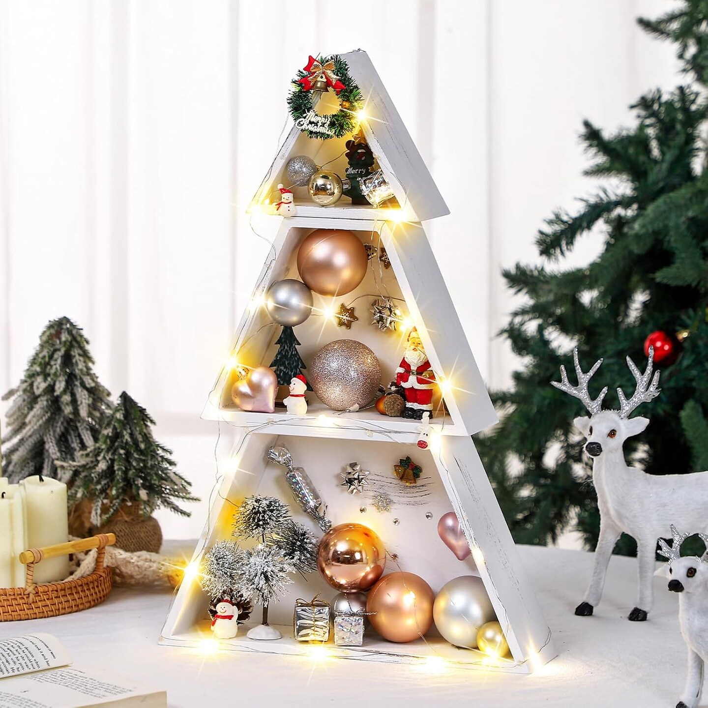 3 PCS Wooden Christmas Tree Tabletop Decor Farmhouse Christmas Decor Rustic Xmas Tree Table Centerpiece Tree Sign for Fireplace Mantle Shelf Decor Xmas Holiday Table Accents DIY Ornament