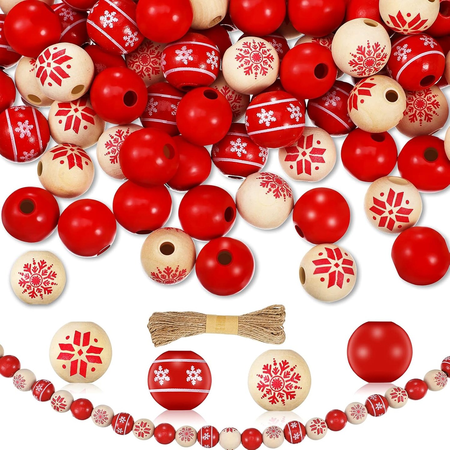 120 Pieces 0.6 Inch Wooden Bead Christmas Wood Beads Natural Wood Beads Craft Wood Round Beads with 65.6 Feet Twine for Xmas Valentine&#x27;s Day Saint Patrick&#x27;s Day Party Decor (Natural, Red)