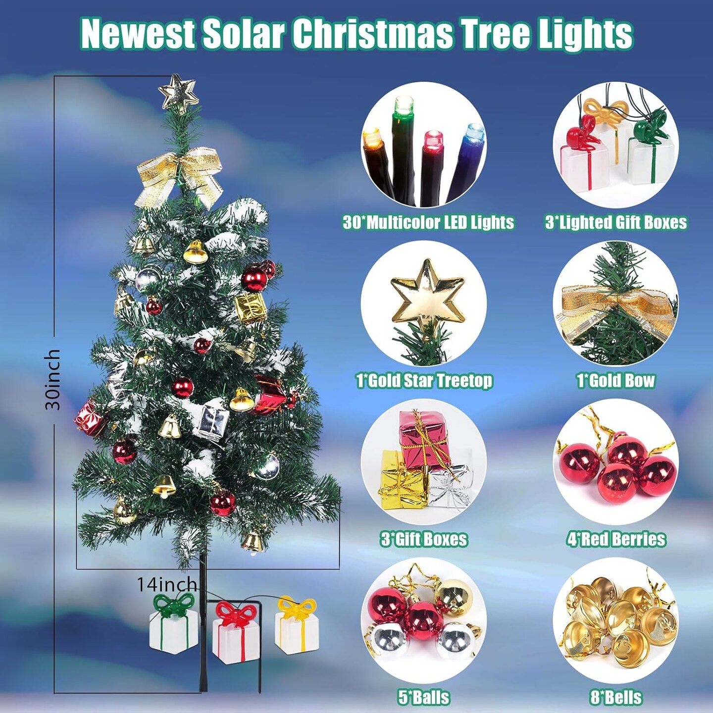 Solar Christmas Tree Lights Outside Decorations 31 in,8 Modes Christmas Lights Outdoor Waterproof with 23 Xmas Accessories &#x26; 3 Box Lights for Garden Pathway Cemetery Decor,2Pack