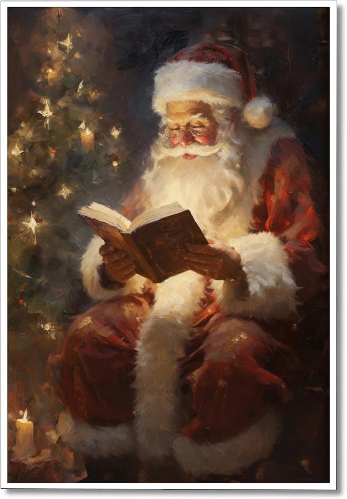 Wodkodnxy Vintage Christmas Canvas Wall Art, Santa Claus Reading Booking Pictures for Wall Decor, Merry Christmas Poster Hobby Lobby Santa Picture, Xmas Wall Decorations Gifts 16x24in Unframed
