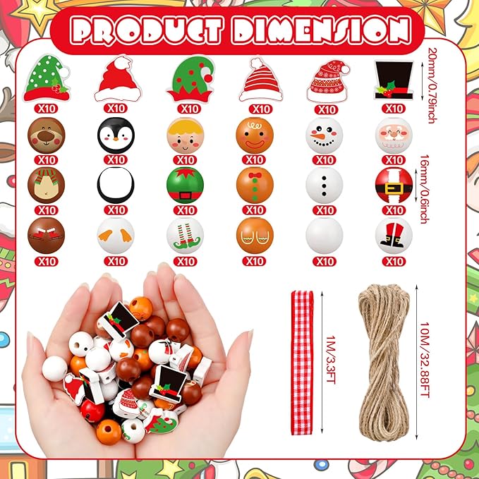 240 Pcs Christmas Wood Beads with Twine Santa Gingerbread Man Elf Penguin Snowman Wooden Beads Garland Christmas DIY Crafts Round Beads for Xmas Winter Party Farmhouse Home Decor