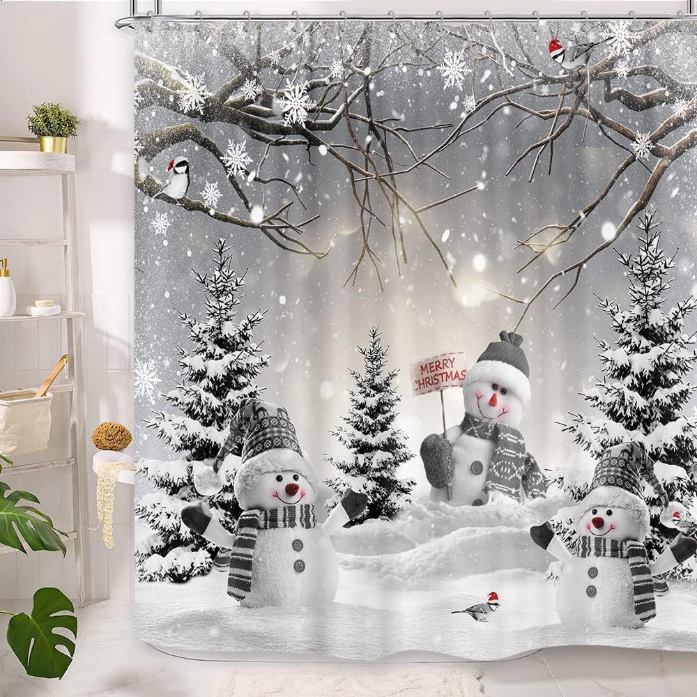 Farmhouse Winter Christmas Shower Curtain, Cute Snowman Snow Forest Pine Tree Scene Shower Curtain for Bathroom Rustic Xmas Snowflake Holiday Gray Bathroom Accessories Polyester 72&#x22;X72&#x22; with Hooks