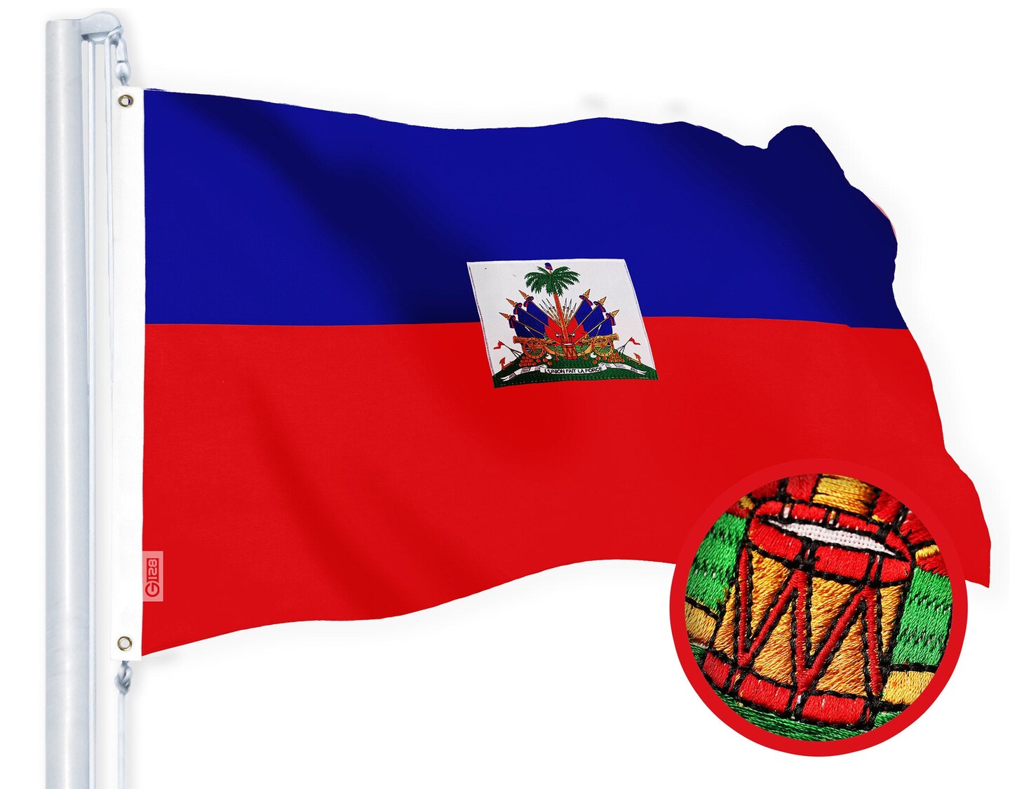 G128 Haiti Haitian Flag | 2x3 Ft | StormFlyer Series Embroidered 220GSM Spun Polyester | Country Flag, Embroidered Design, Indoor/Outdoor, Brass Grommets, Heavy Duty, All Weather