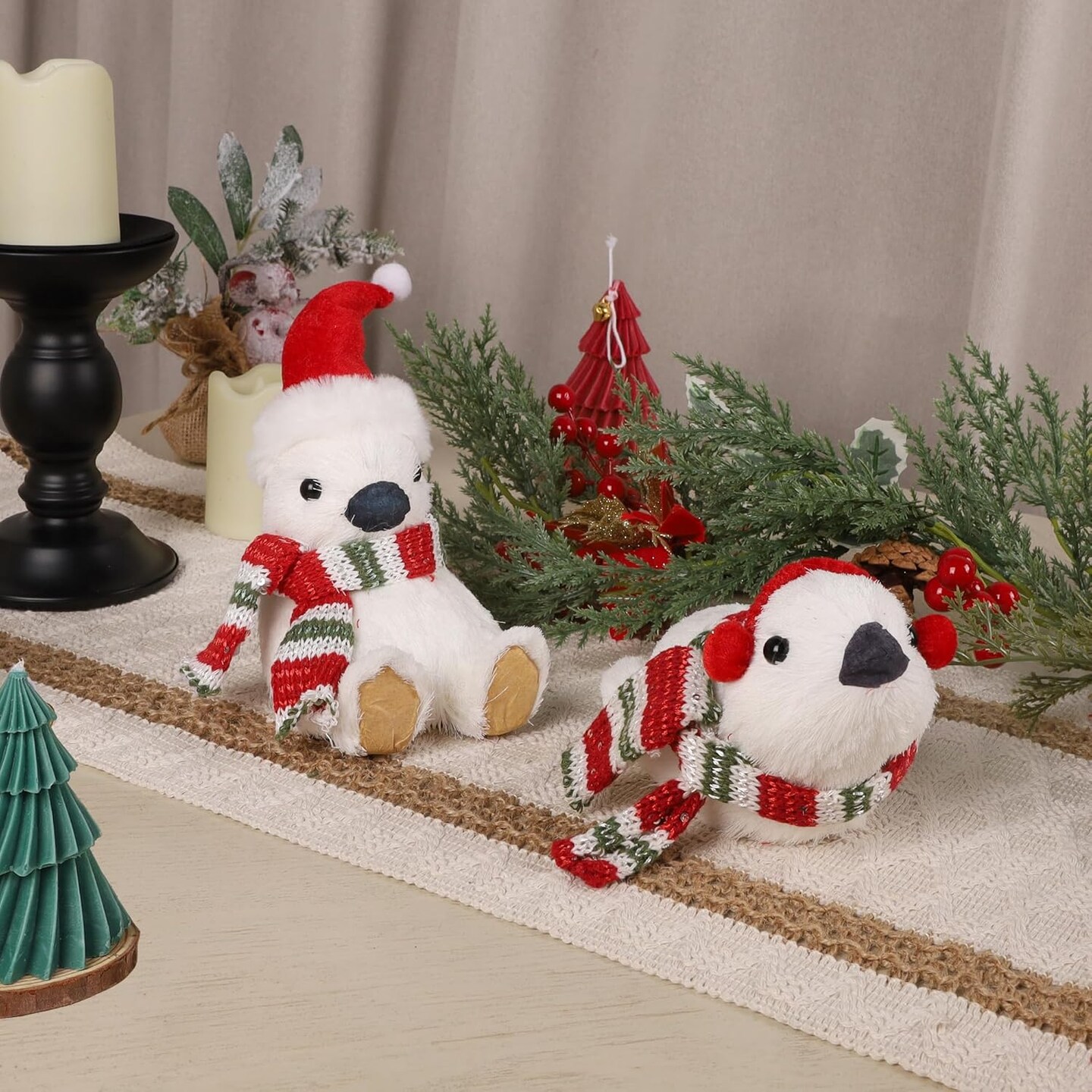 2 Pack Christmas Penguin Decorations Indoor, Penguins Tabletop Ornament with Hat Scarf for Xmas Home Decor, Penguin Gifts Holiday Figurines for Mantel Office Desk Centerpiece