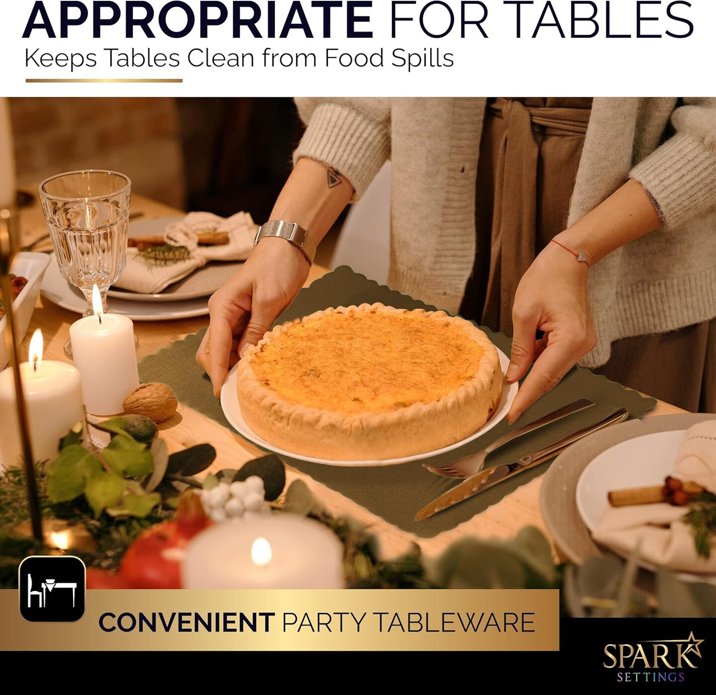 Paper Placemat Disposable, Gold Place Mats with Scalloped Edges, Durable Paper Placemat