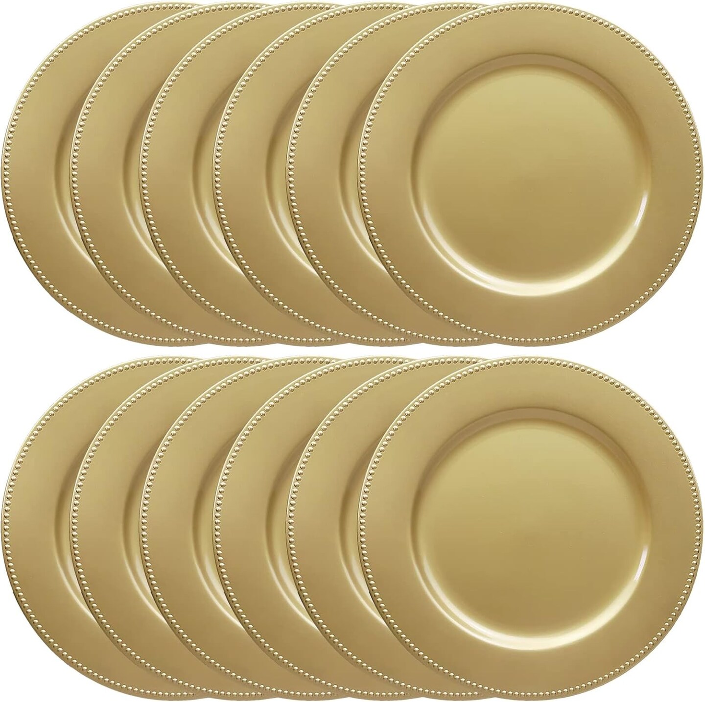 Set of 12 Gold Charger Plates with Beaded. 13" Reusable Plastic Table Chargers for Dinner Plates